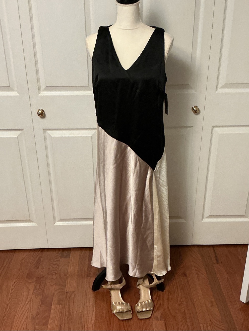 DKNY Black and Champagne Satin Colorblock V-Neck Maxi Dress